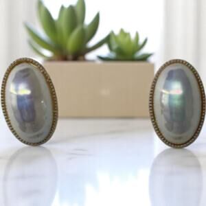 Fashion Pearl Earrings Pierced Oblong‎ Pearlized Dome with Gold Trim